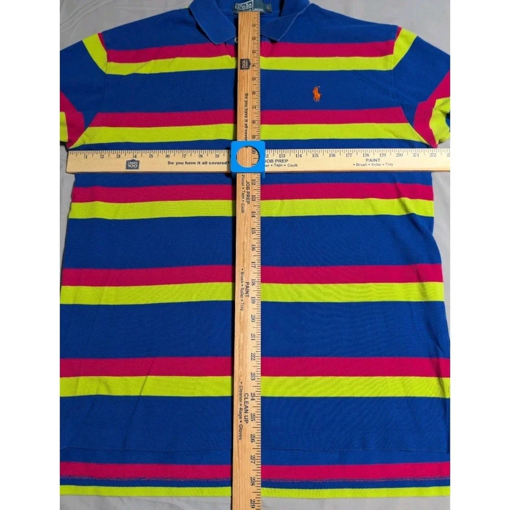Polo Ralph Lauren Mens L Blue Neon Stripe Polo Shirt Pink Yellow Short Sleeve